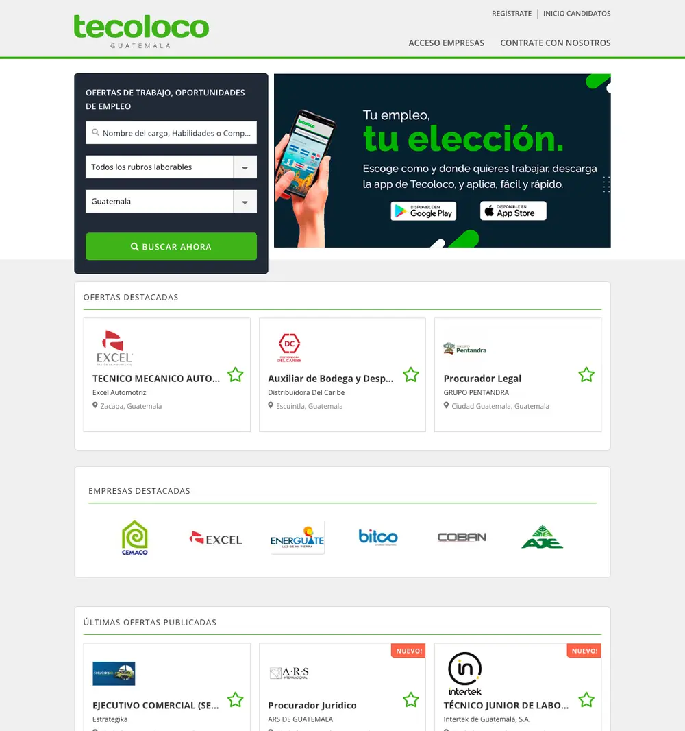 Tecoloco job board platform screenshot showing job search interface