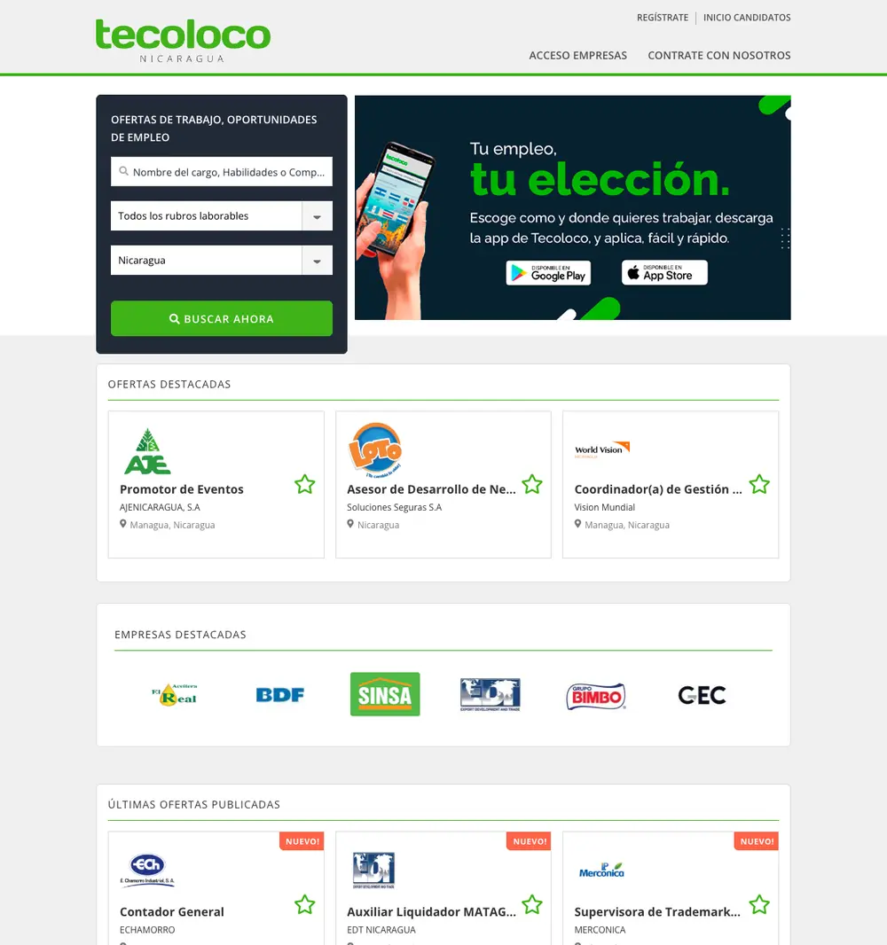 Tecoloco job board platform screenshot showing job search interface