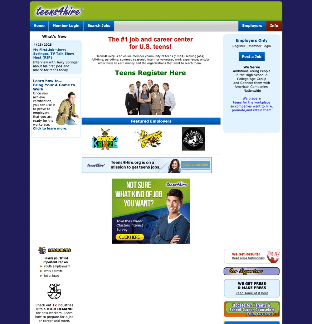 Teens4Hire job board platform screenshot showing job search interface