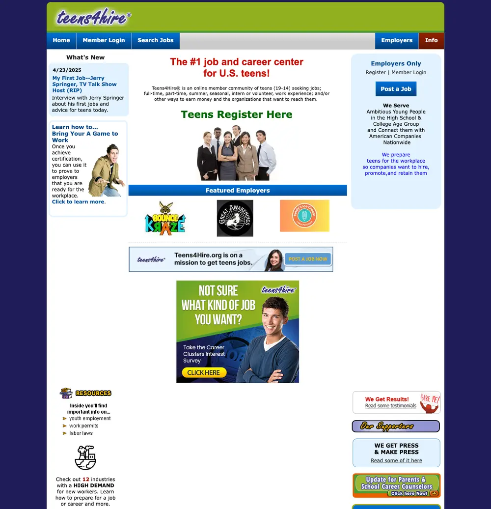 Teens4Hire.org job board platform screenshot showing job search interface