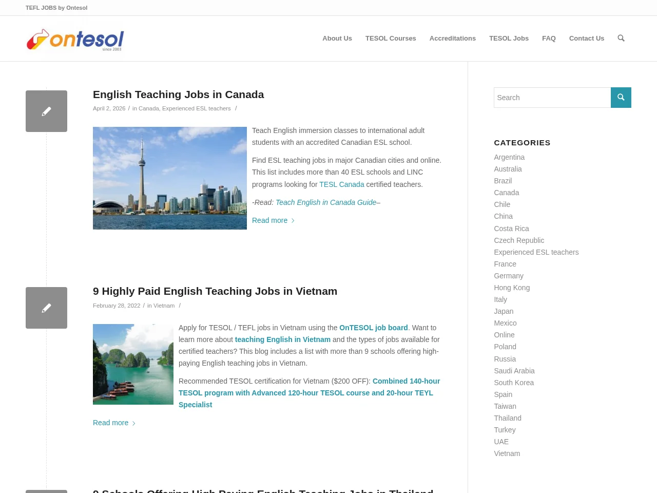 TEFL Jobs – English Teaching Jobs job board platform screenshot showing job search interface