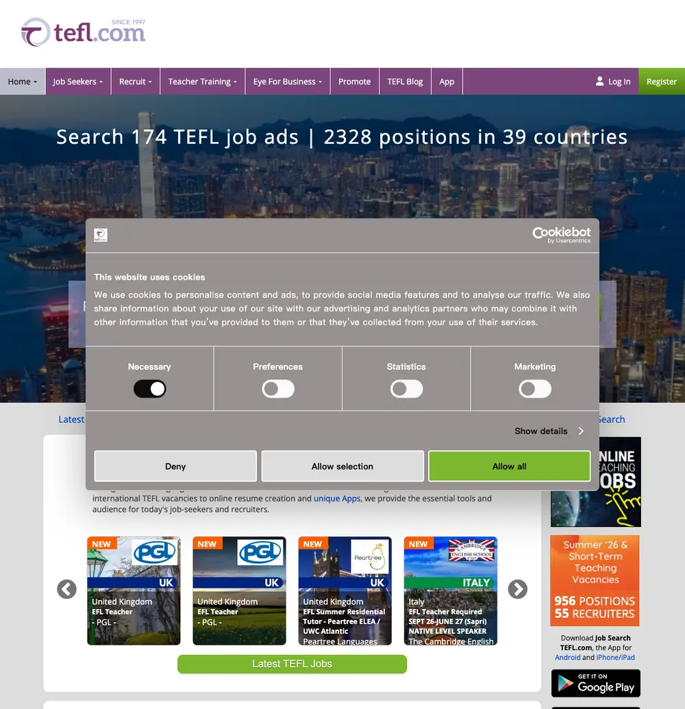 TEFL.com screenshot TEFL.com job board platform screenshot showing job search interface