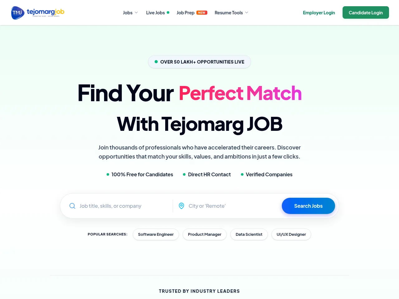 Tejomarg Job Portal job board platform screenshot showing job search interface
