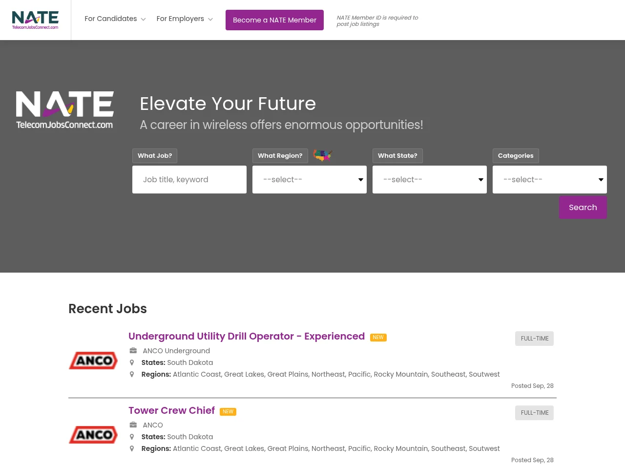 NATE Teleconnect Job Board screenshot NATE Teleconnect Job Board job board platform screenshot showing job search interface