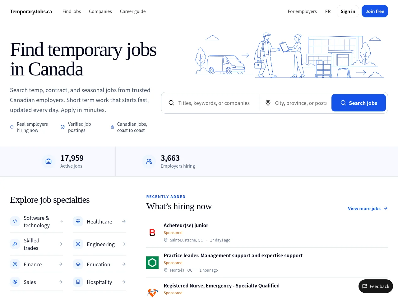 TemporaryJobs.ca job board platform screenshot showing job search interface