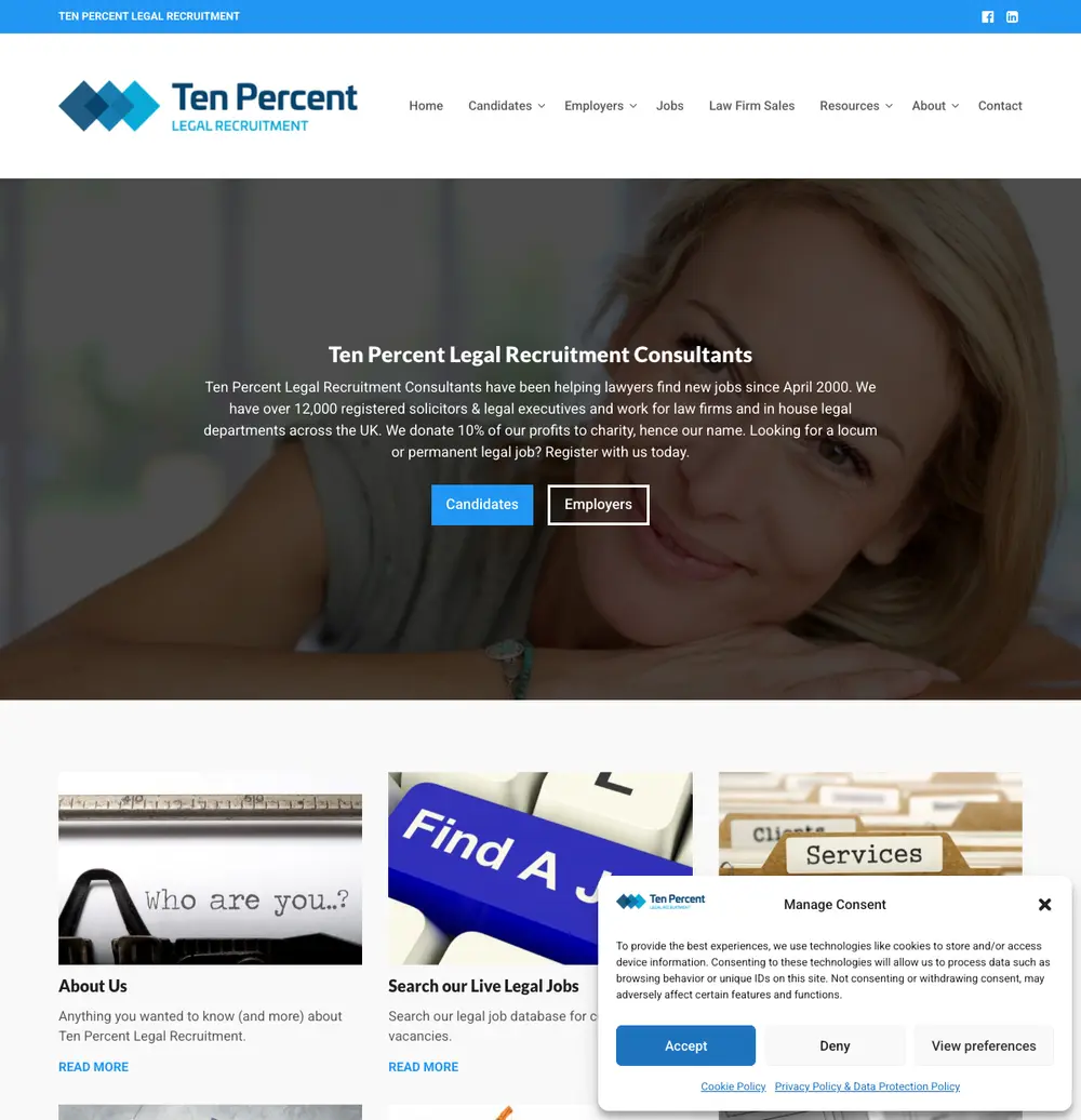 Ten Percent Legal Recruitment job board platform screenshot showing job search interface