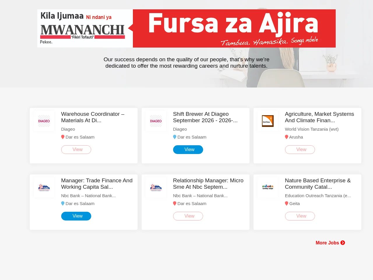 Jobs|Ajira Mwananchi job board platform screenshot showing job search interface