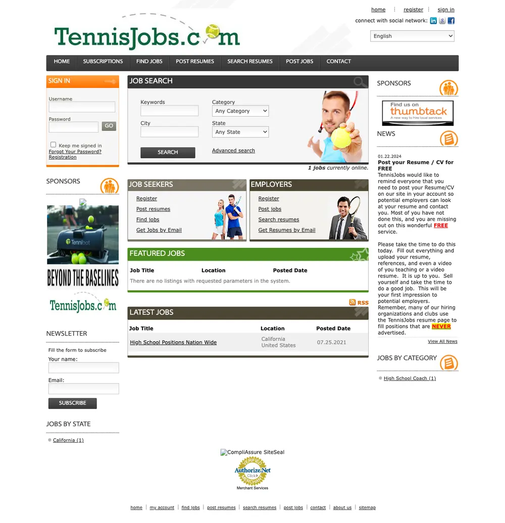 TennisJobs.com screenshot TennisJobs.com job board platform screenshot showing job search interface