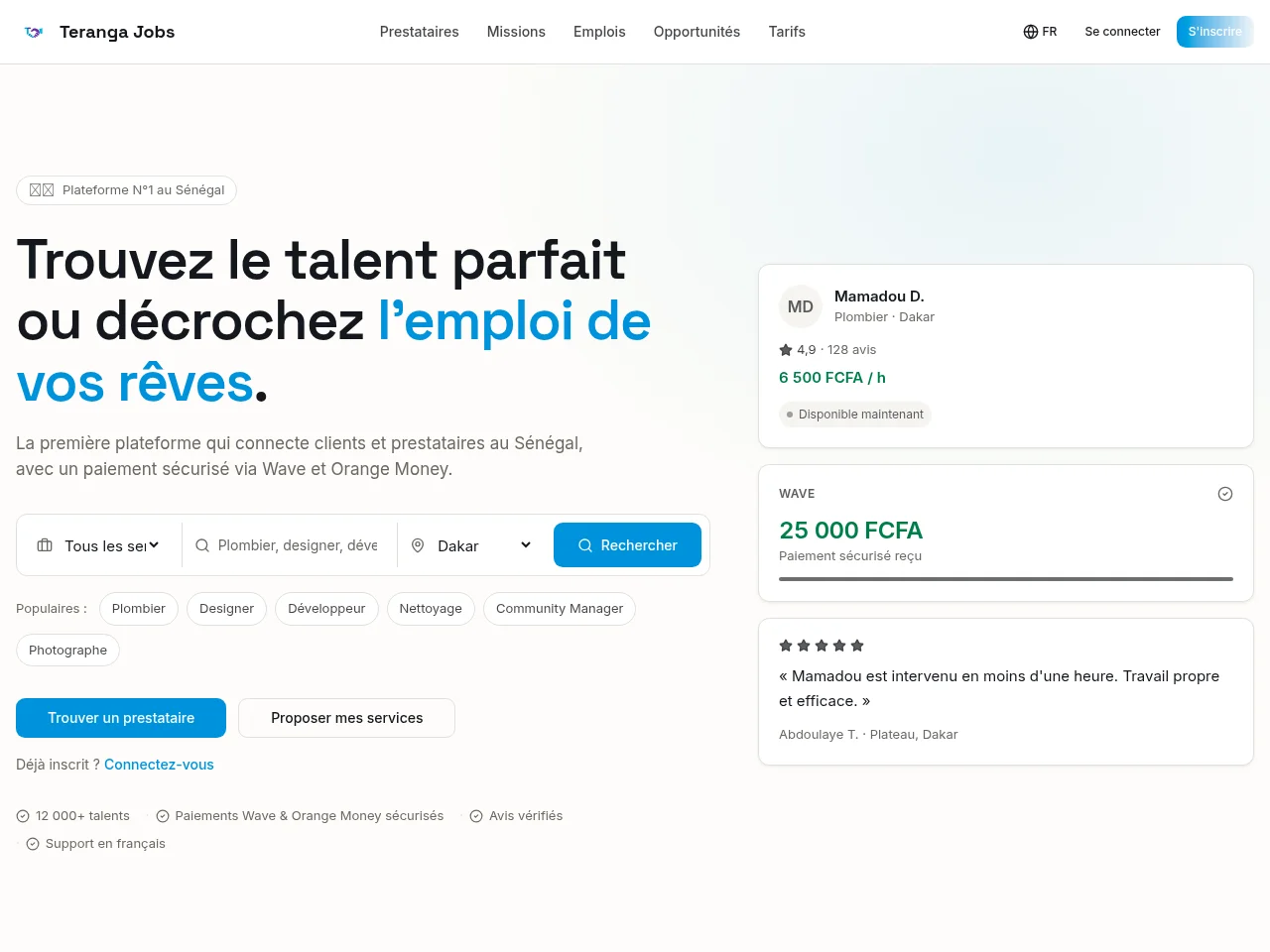 Teranga Jobs job board platform screenshot showing job search interface