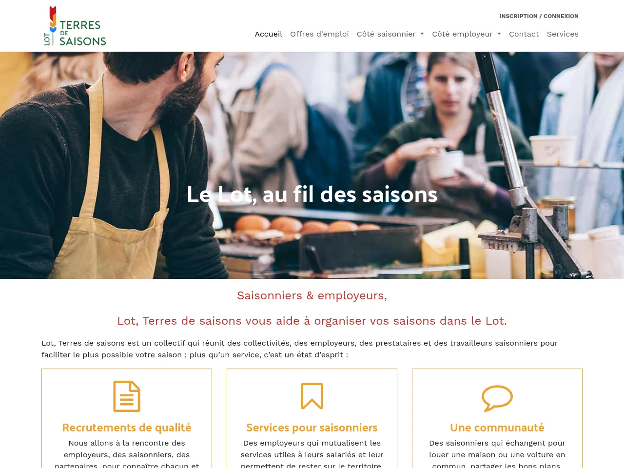 Lot, Terres de Saisons job board platform screenshot showing job search interface