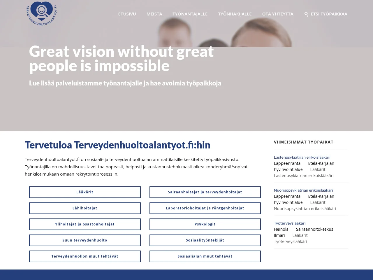 Terveydenhuoltoalantyot.fi job board platform screenshot showing job search interface