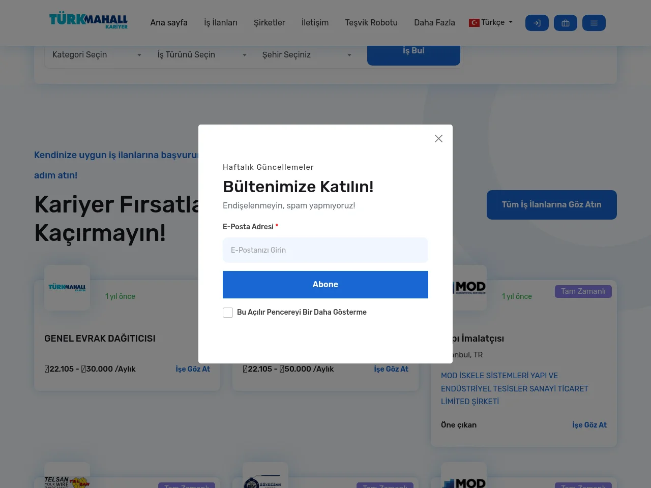 KariyerMahall job board platform screenshot showing job search interface