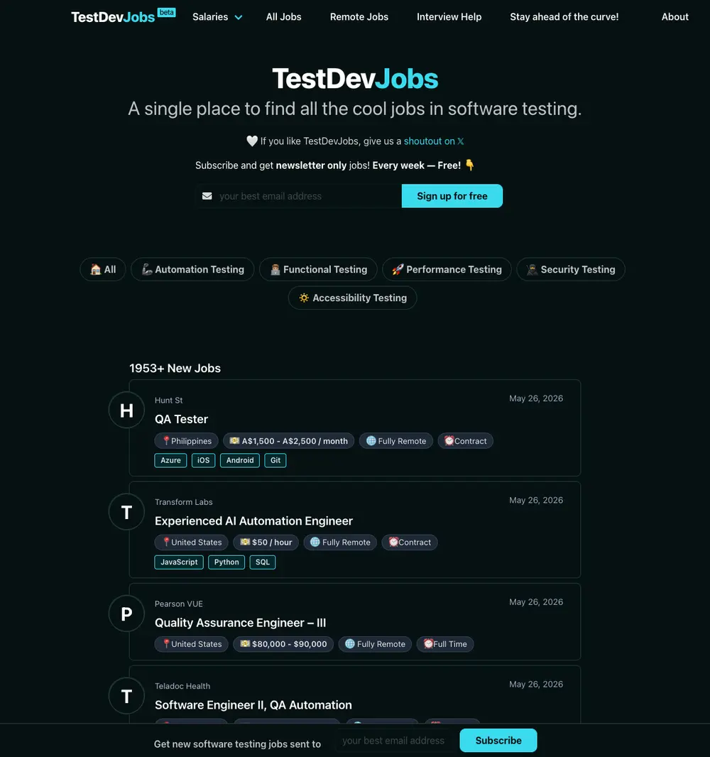 TestDevJobs job board platform screenshot showing job search interface