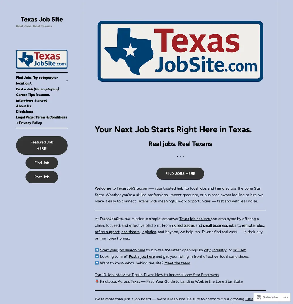 Texas Job Site job board platform screenshot showing job search interface