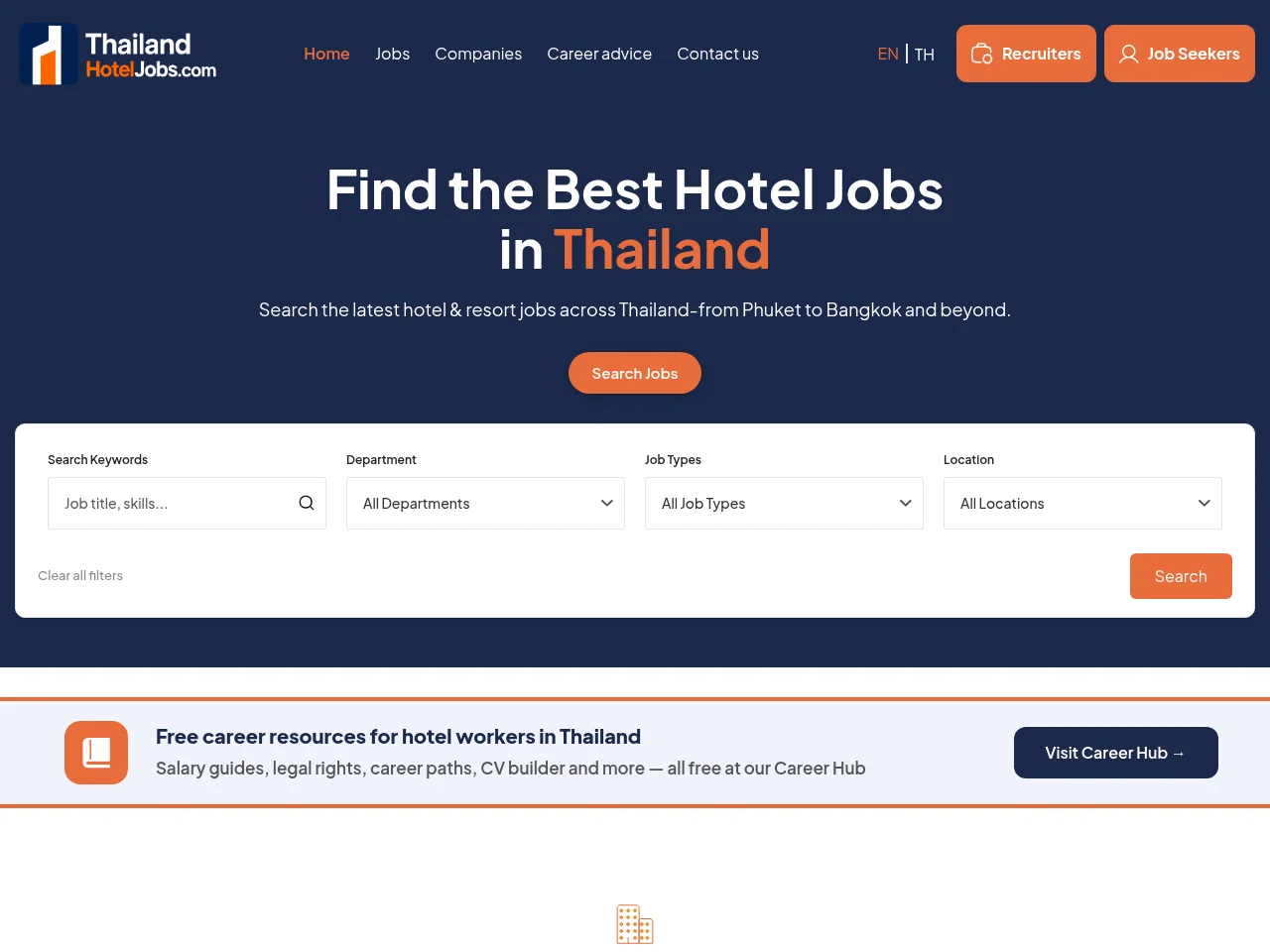 Thailand Hotel Jobs job board platform screenshot showing job search interface