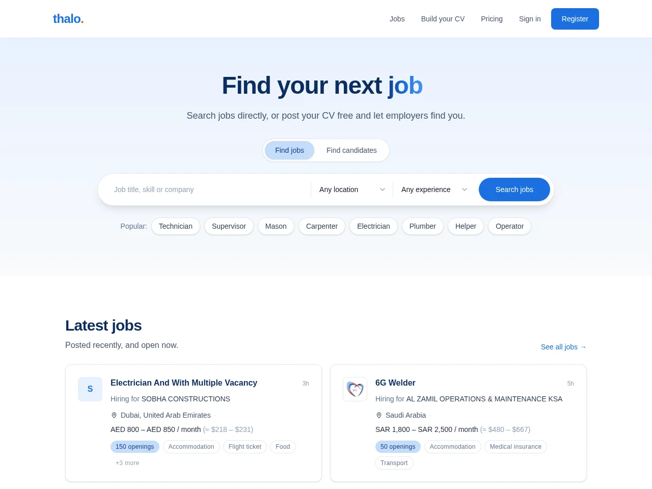 thalo job board platform screenshot showing job search interface