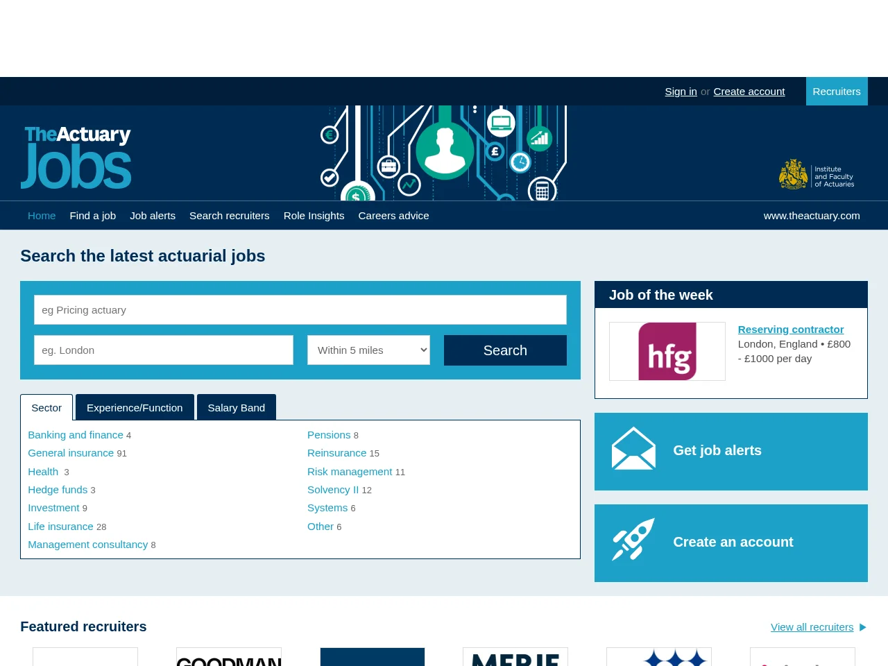 The Actuary Jobs job board platform screenshot showing job search interface