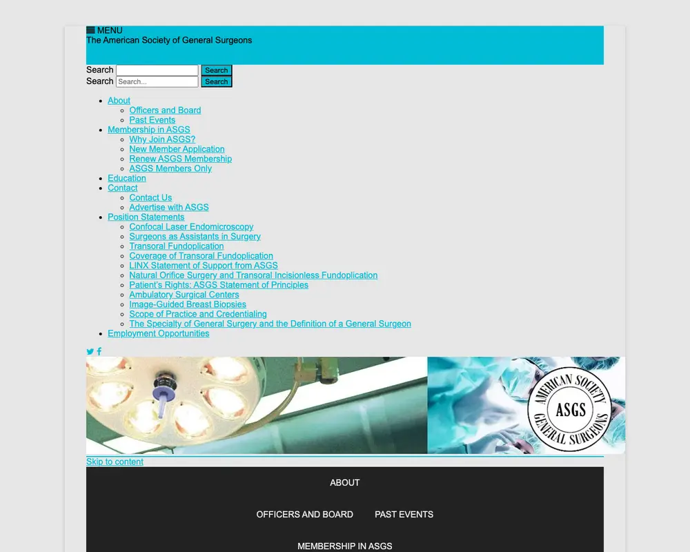 The American Society of General Surgeons job board platform screenshot showing job search interface