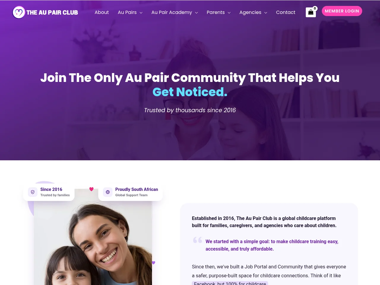 The Au Pair Club screenshot The Au Pair Club job board platform screenshot showing job search interface