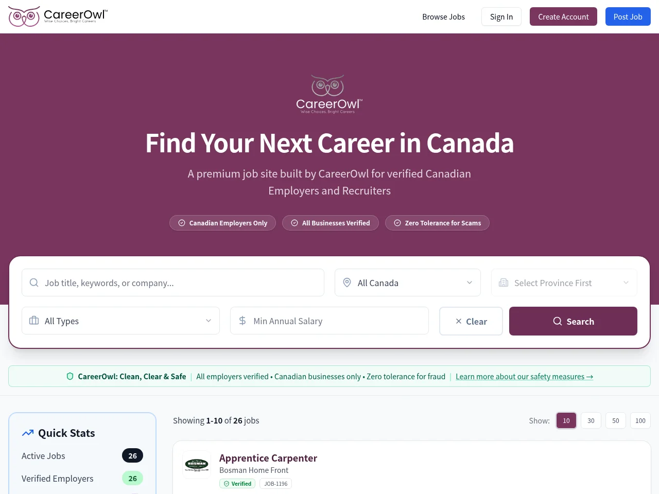 CareerOwl job board platform screenshot showing job search interface