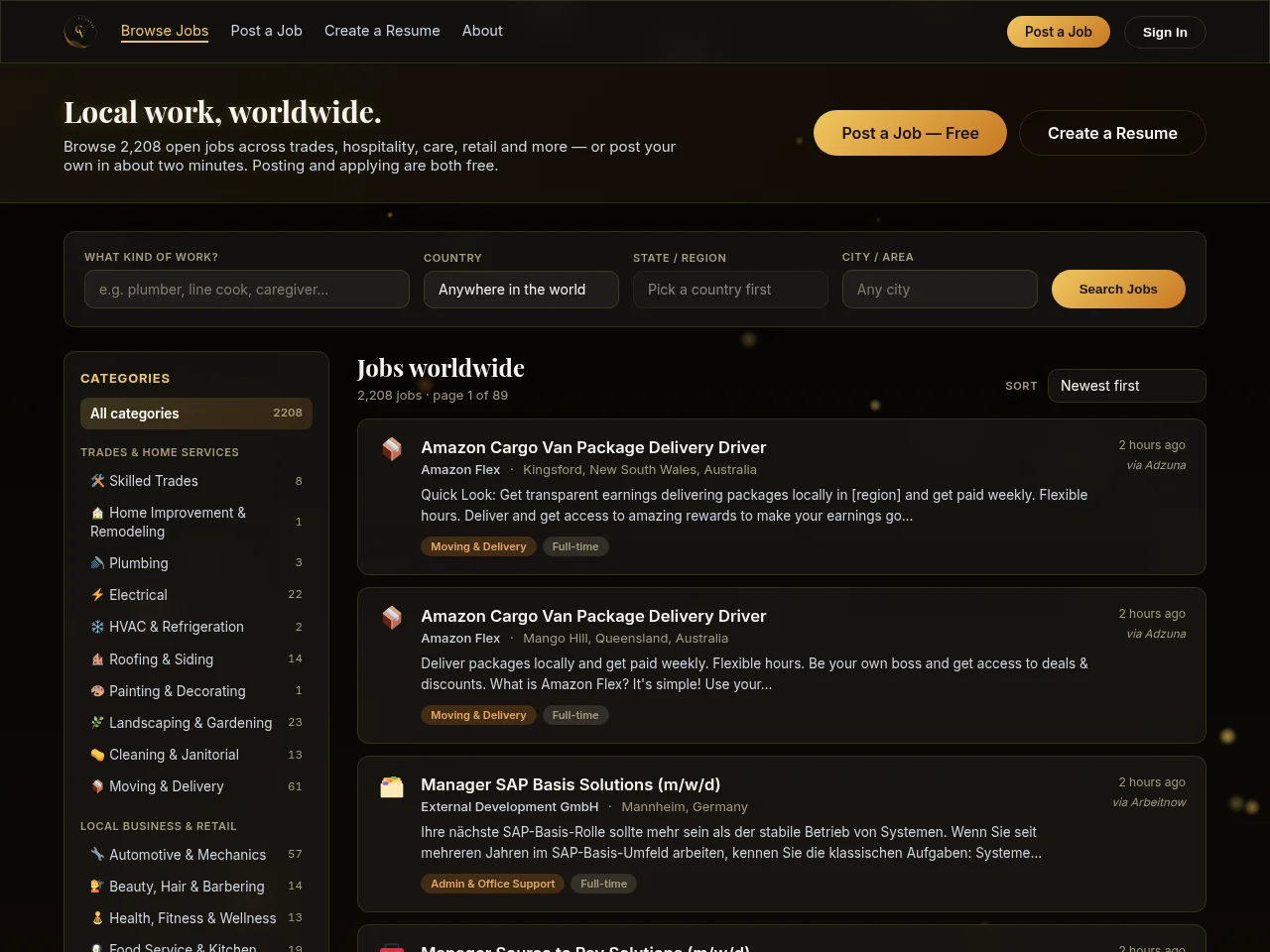 CV Builders job board platform screenshot showing job search interface