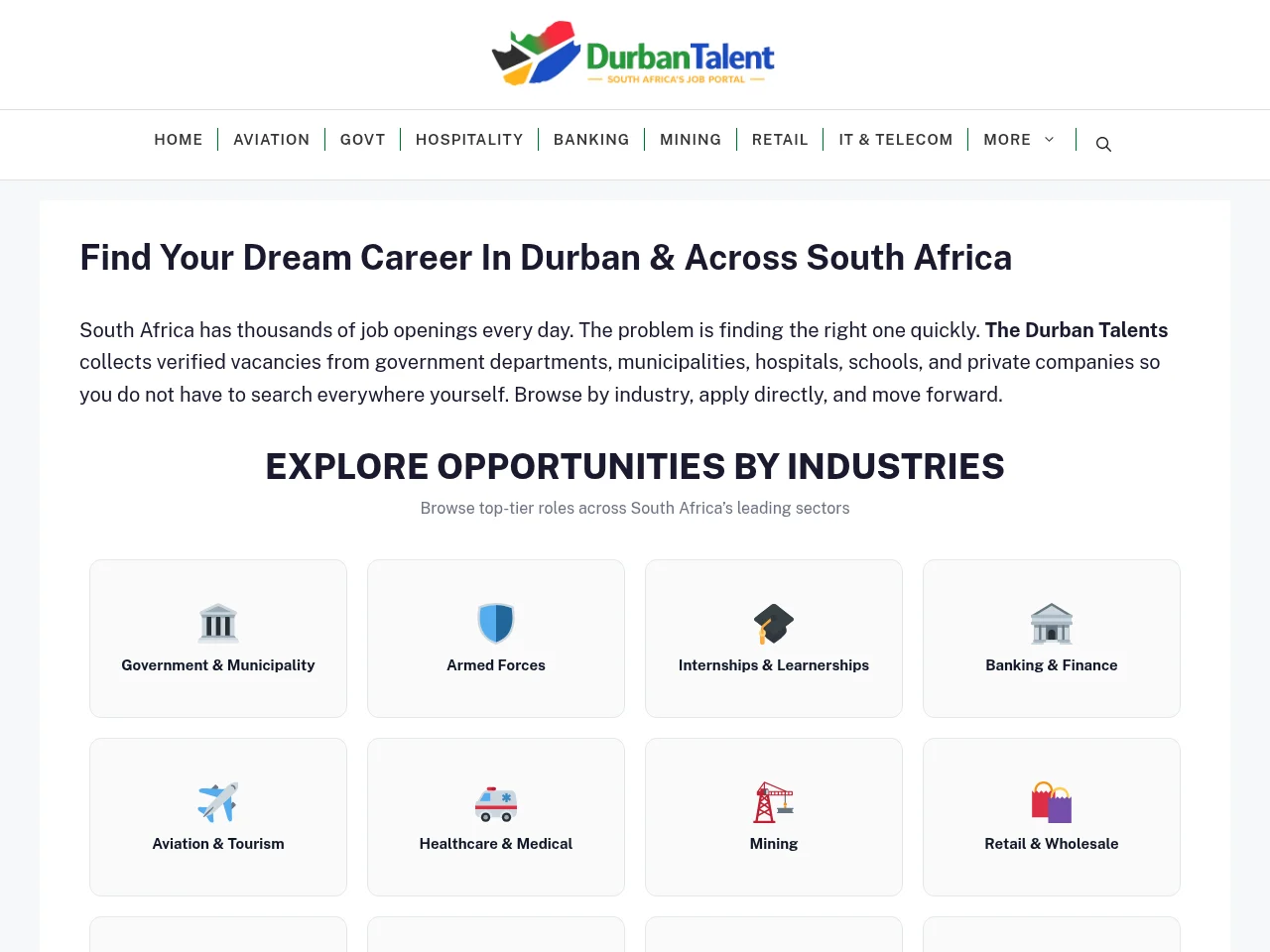 The Durban Talents job board platform screenshot showing job search interface