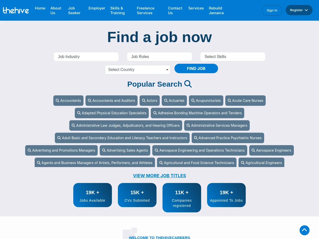 The Hive Careers job board platform screenshot showing job search interface