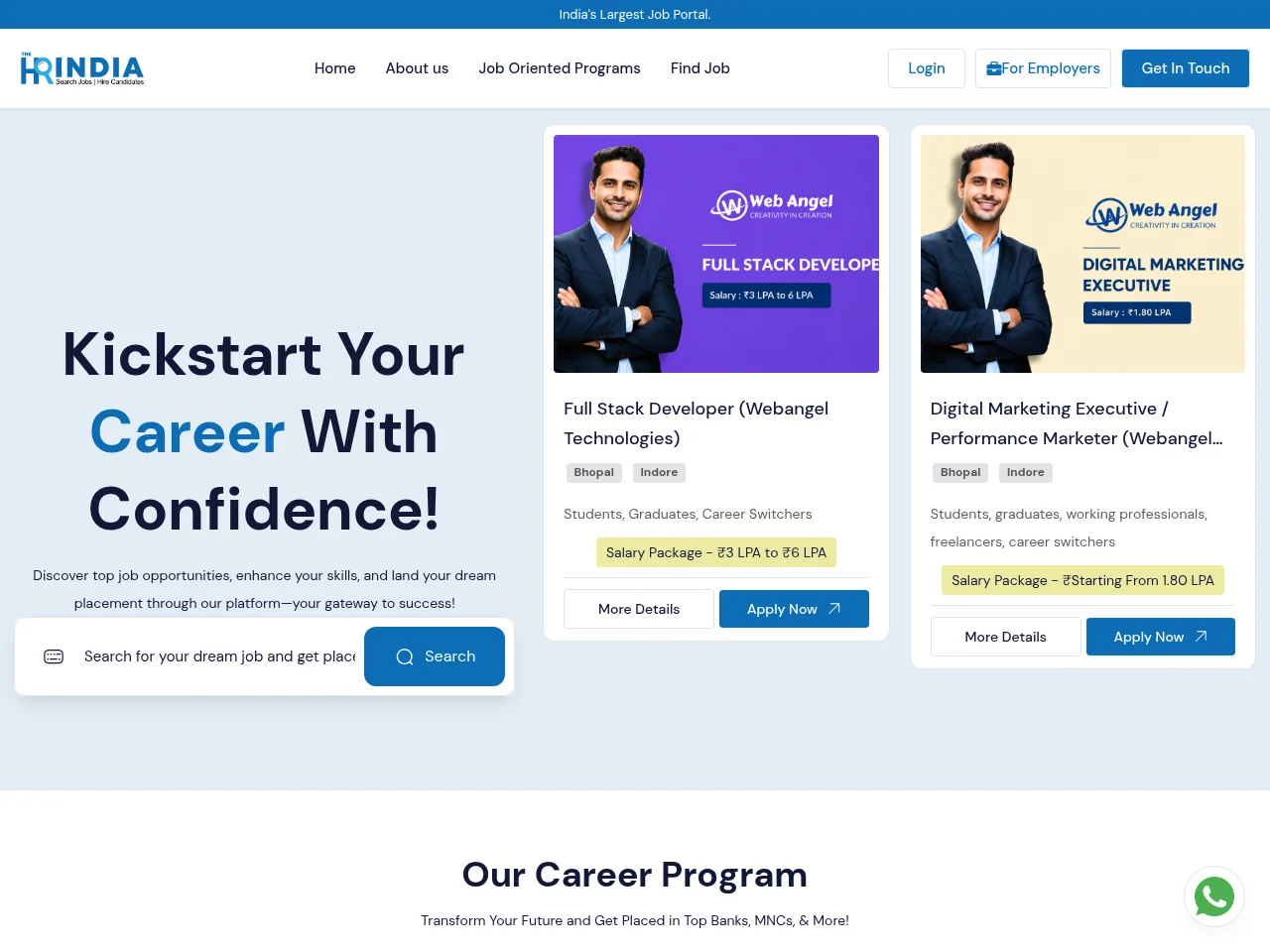 The HR India job board platform screenshot showing job search interface