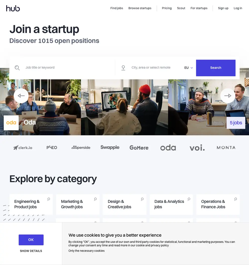 The Hub job board platform screenshot showing job search interface