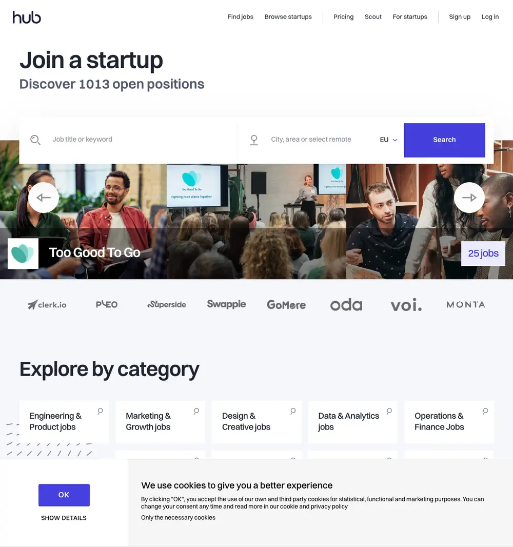 The Hub job board platform screenshot showing job search interface