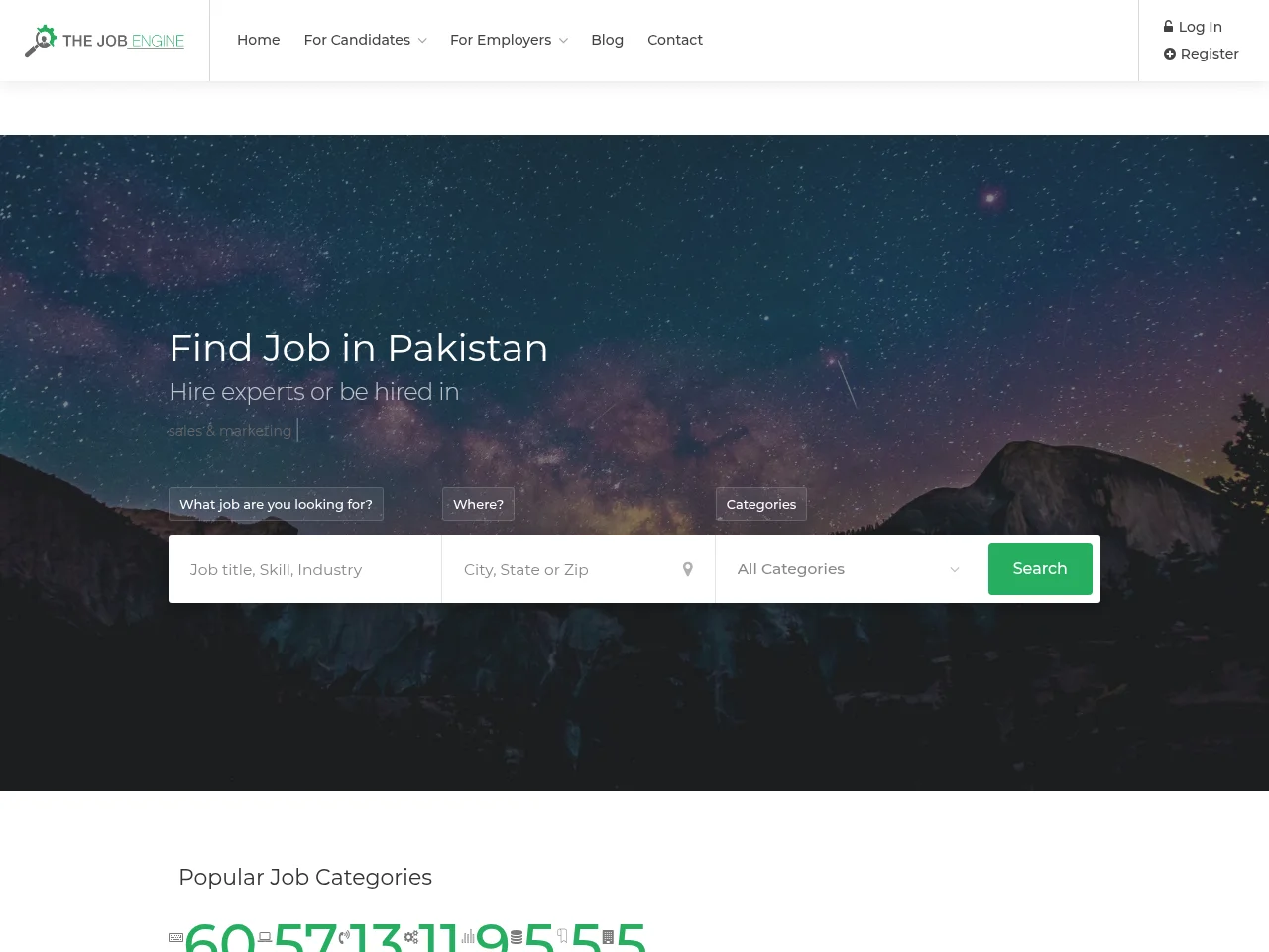 The Job Engine job board platform screenshot showing job search interface