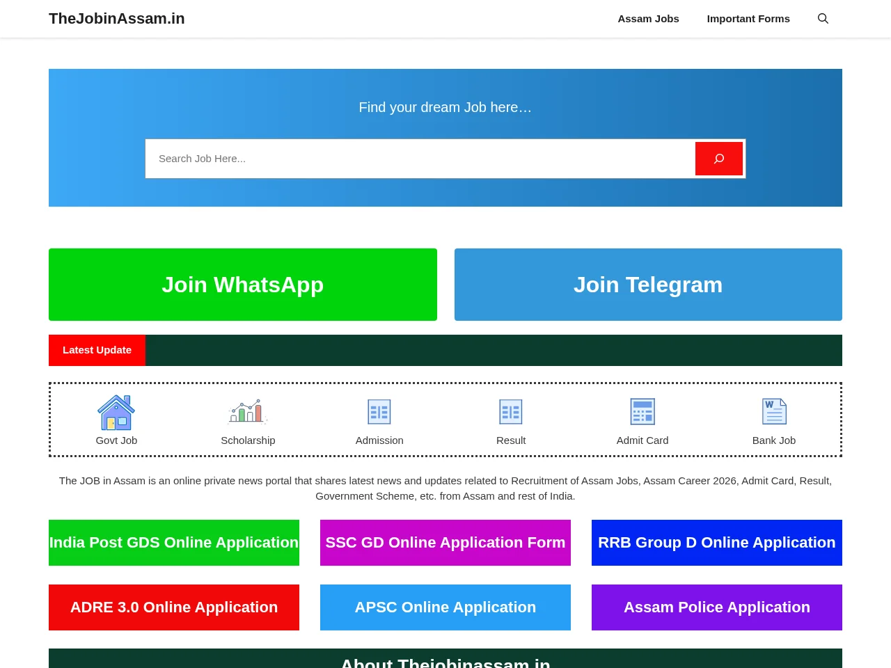 TheJobinAssam.in job board platform screenshot showing job search interface