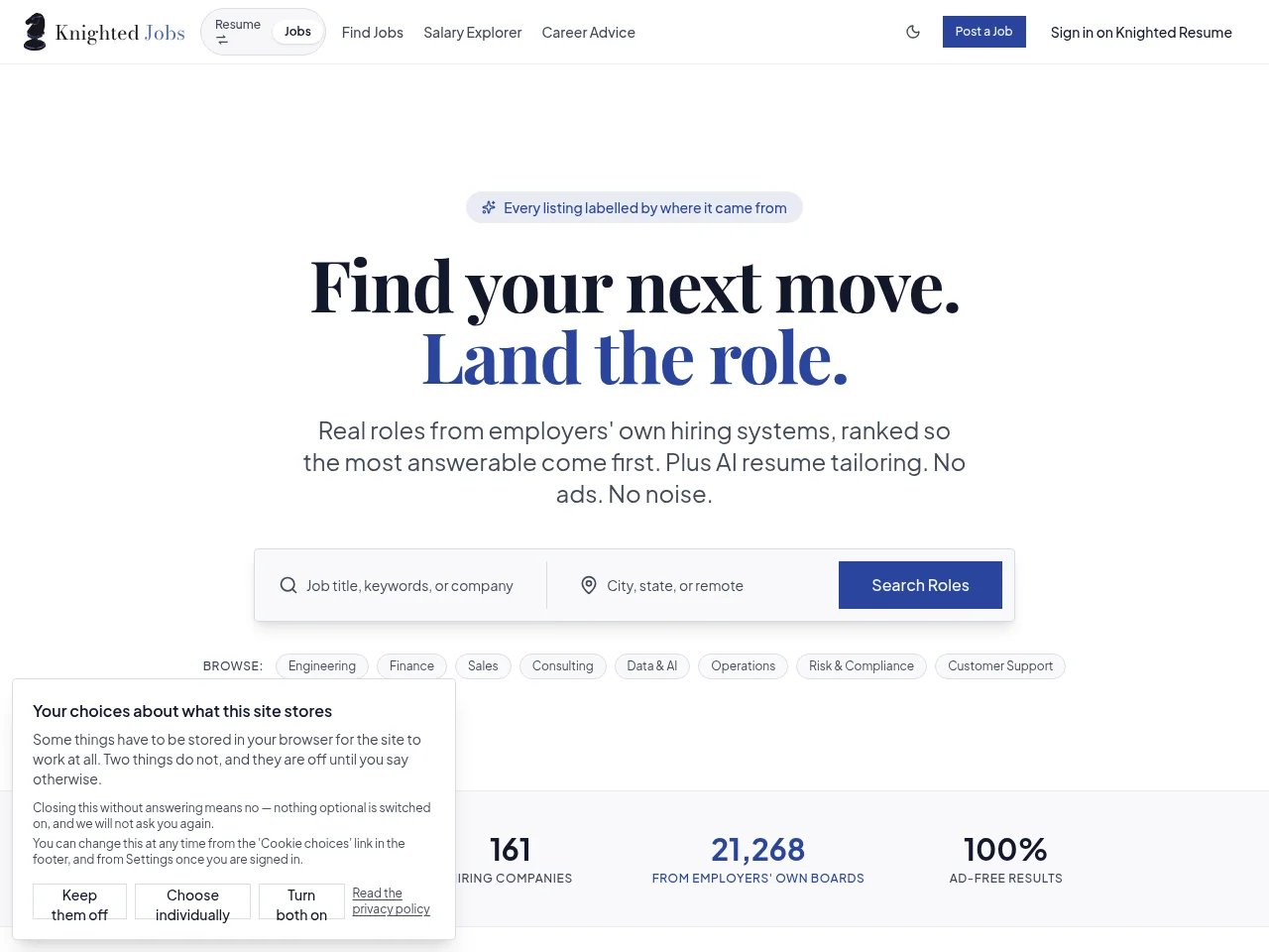 Knighted Jobs job board platform screenshot showing job search interface