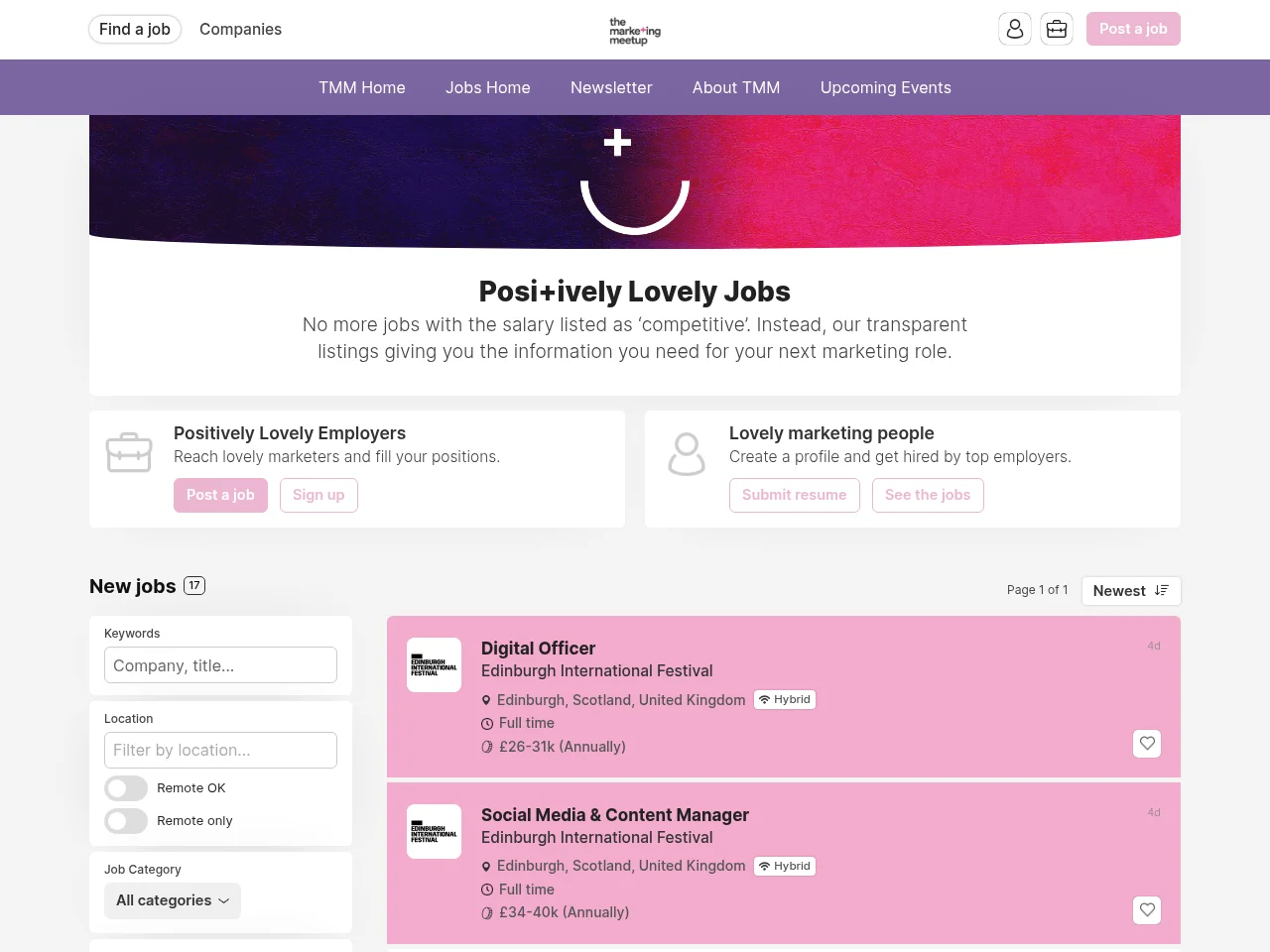 Positively Lovely Marketing Jobs job board platform screenshot showing job search interface