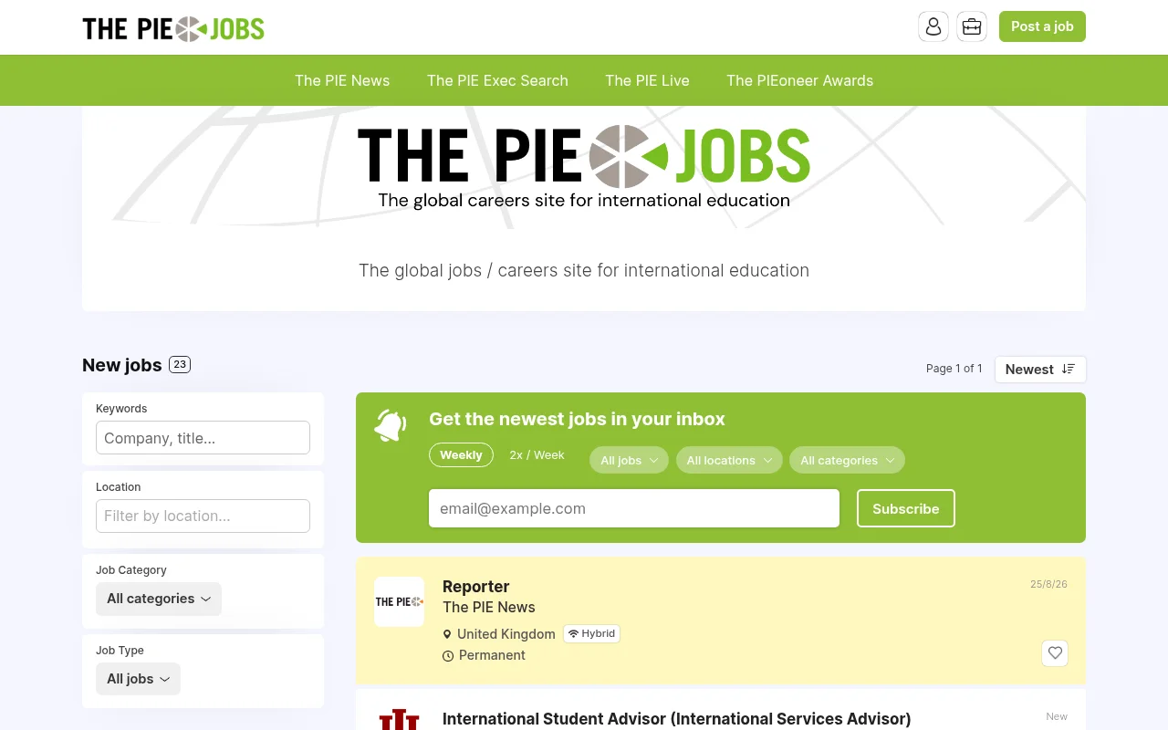 The PIE Jobs screenshot The PIE Jobs job board platform screenshot showing job search interface