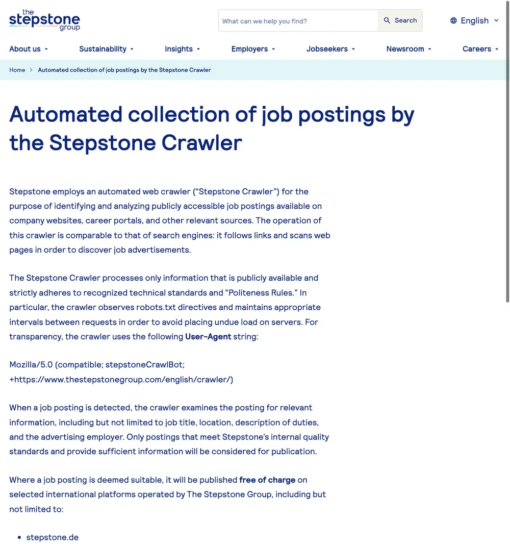 The Stepstone Group job board platform screenshot showing job search interface