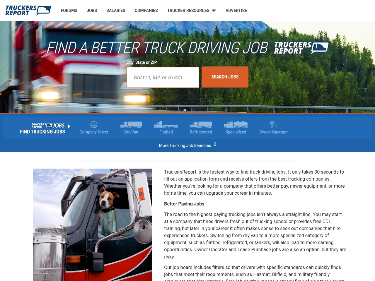TruckersReport job board platform screenshot showing job search interface