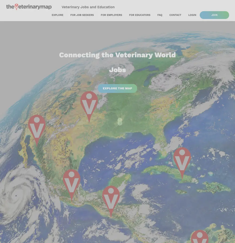 The Veterinary Map job board platform screenshot showing job search interface