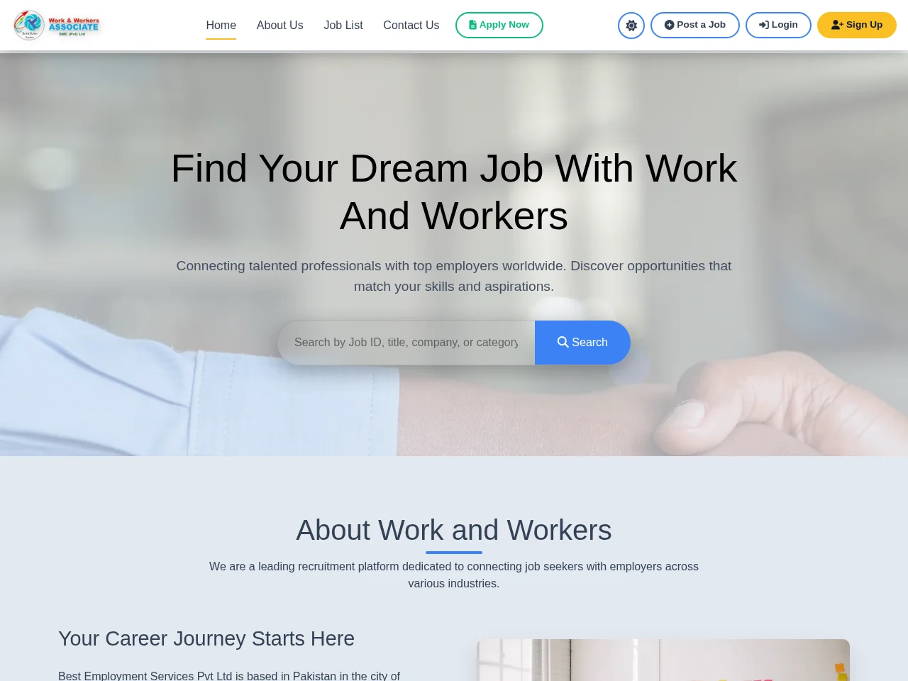 Work & Workers screenshot Work & Workers job board platform screenshot showing job search interface