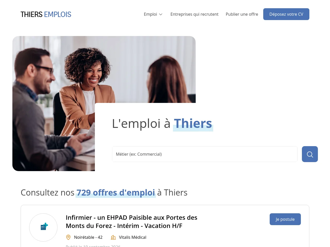 Thiers Emplois job board platform screenshot showing job search interface