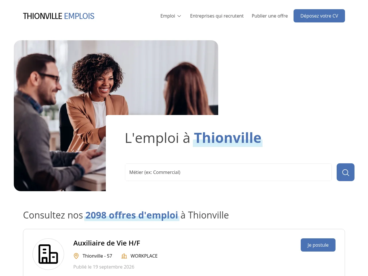Thionville Emplois job board platform screenshot showing job search interface