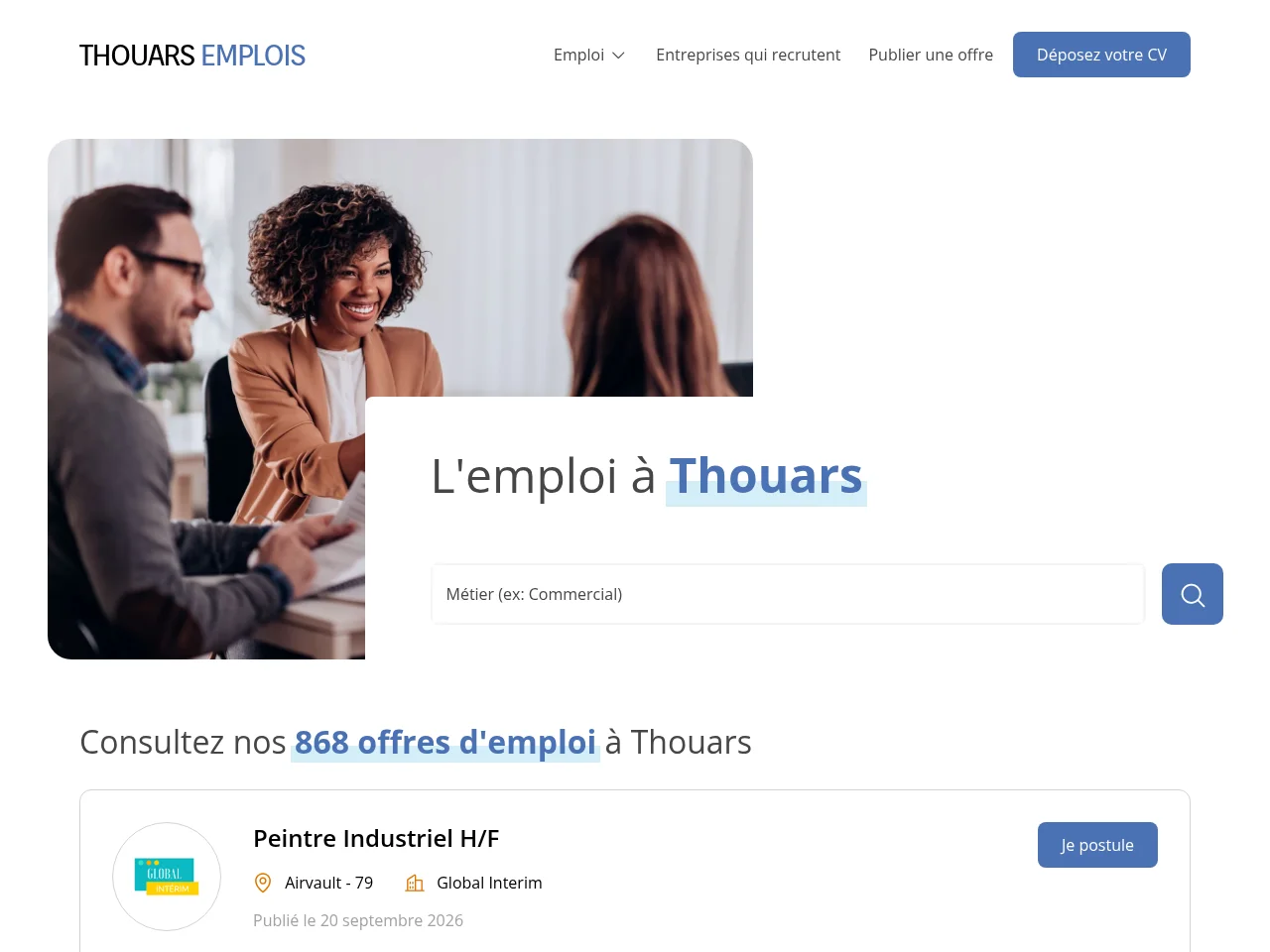 Thouars Emplois job board platform screenshot showing job search interface