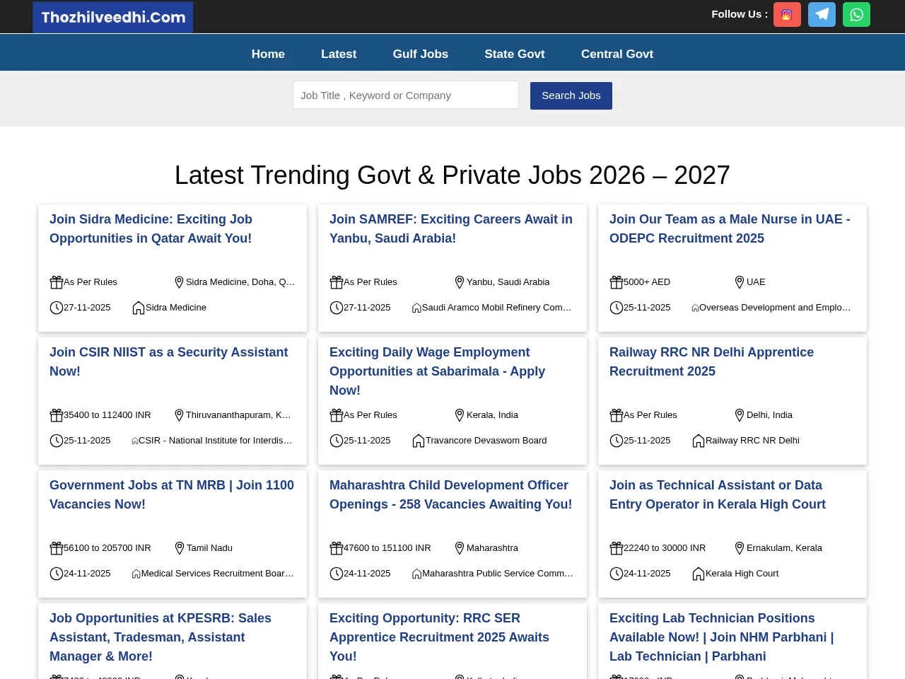 Thozhil Veedhi job board platform screenshot showing job search interface