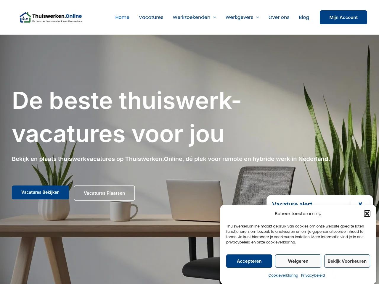 Thuiswerken.Online job board platform screenshot showing job search interface