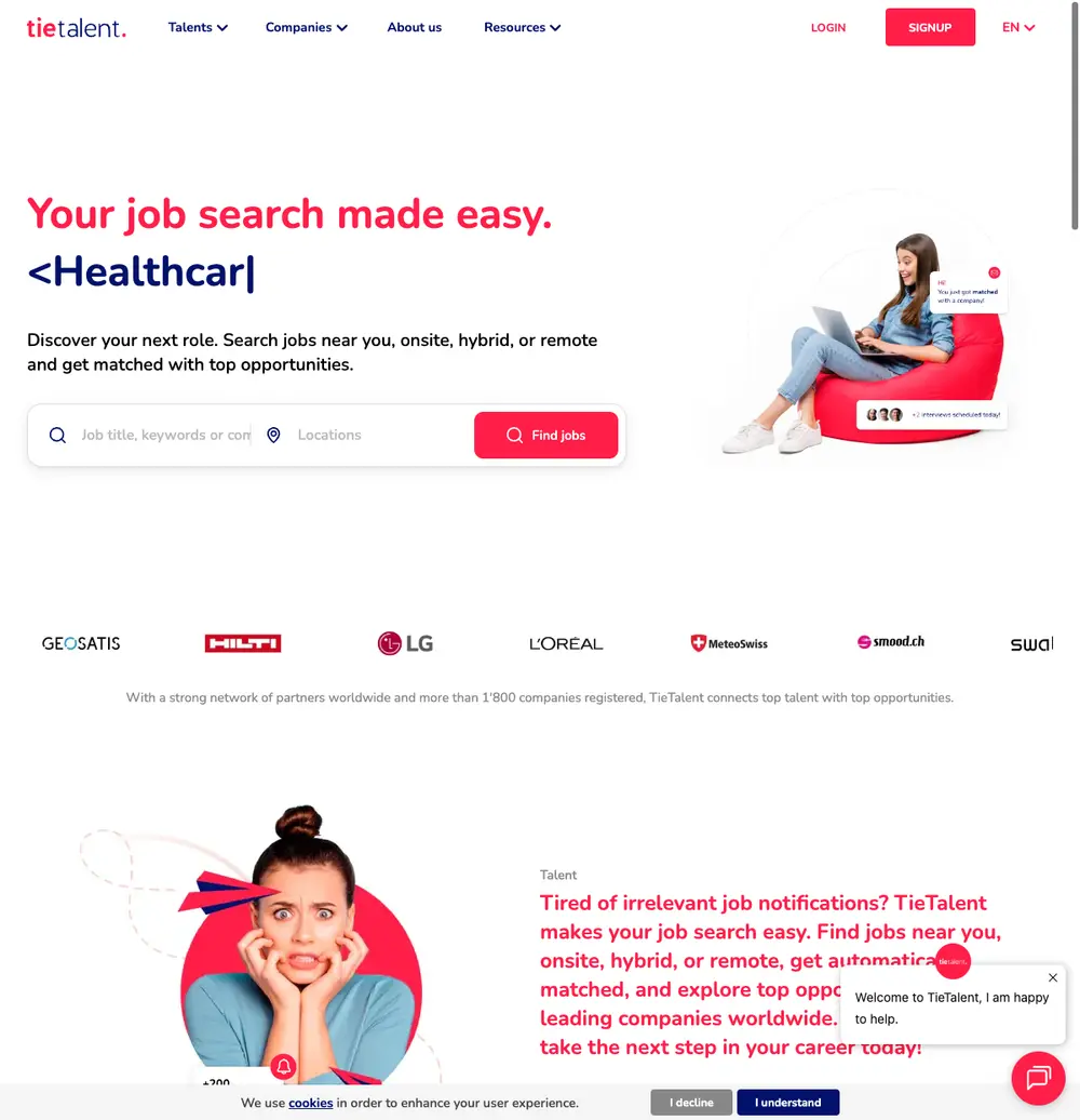TieTalent job board platform screenshot showing job search interface