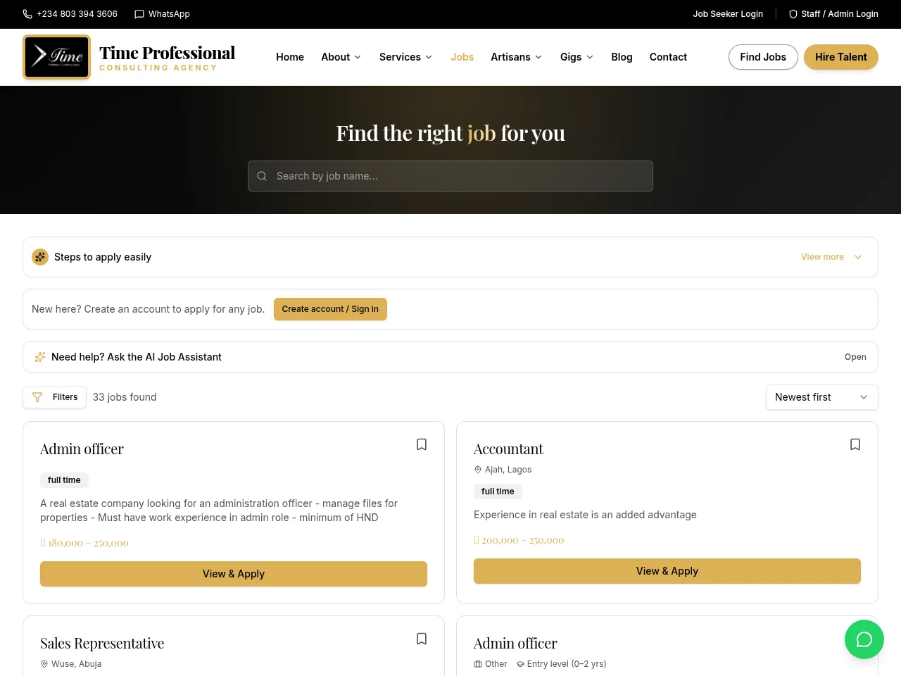 Time Professional job board platform screenshot showing job search interface