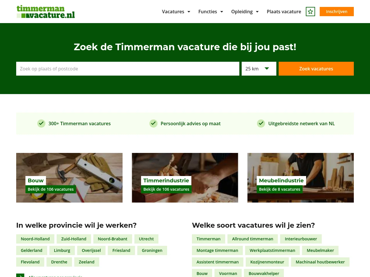 TimmermanVacature.nl job board platform screenshot showing job search interface