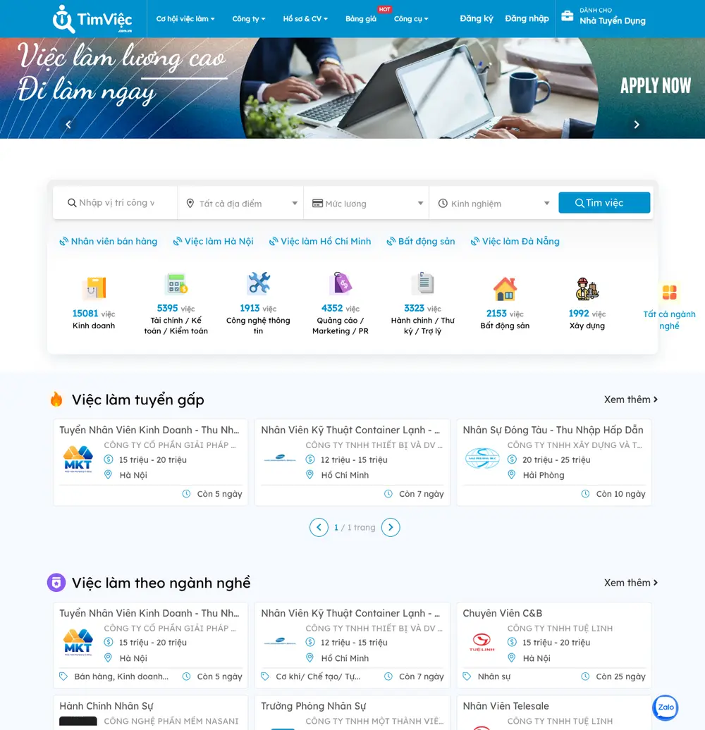 Timviec.com.vn job board platform screenshot showing job search interface