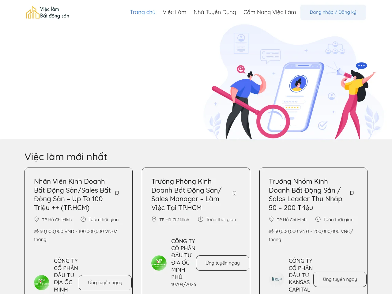 timviecbatdongsan247.com job board platform screenshot showing job search interface