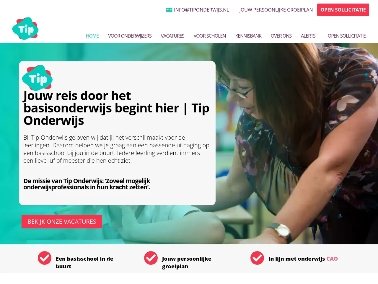Tip Onderwijs job board platform screenshot showing job search interface